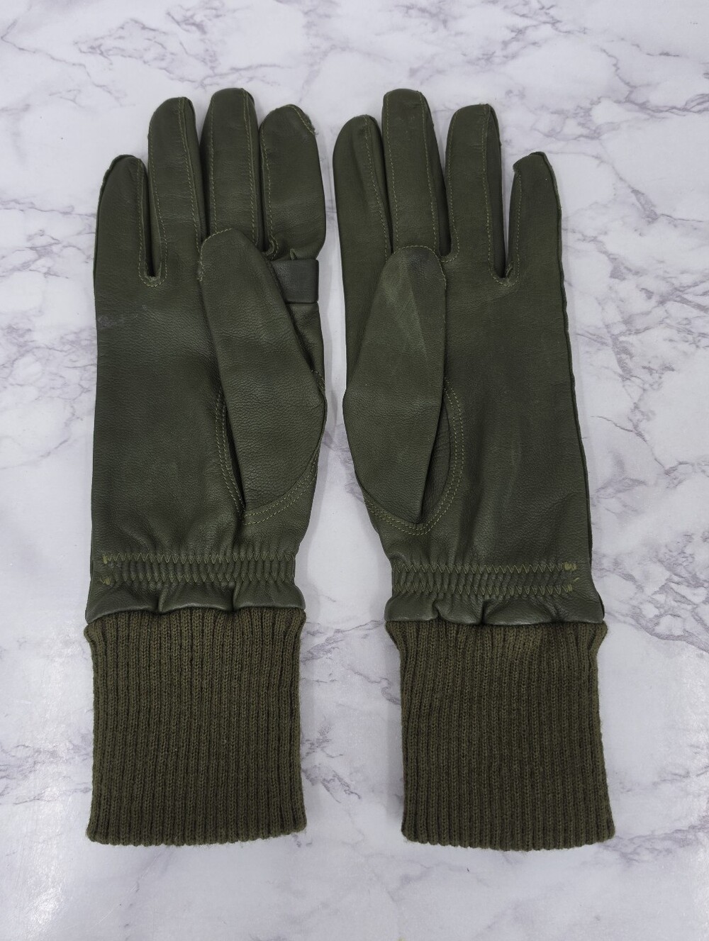 Vintage Green Leather Shooting Gloves Ladies Size Large Ribbed Knit Cuffs